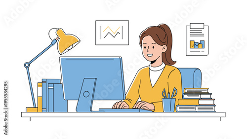 Happy female employee sitting at her desk and working on a desktop computer in a bright and organized office environment.