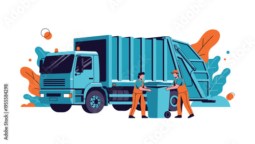 Professional waste management workers collecting trash bins and loading them into a large modern garbage truck in the city.