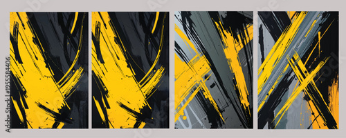 Abstract racing livery textures, set of 4 yellow and black sports wrap designs, dynamic brush stroke backgrounds for vehicle decals and posters