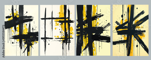 Abstract ink brush stroke posters, set of 4 minimalist wall art illustrations, black and yellow expressive paint splatters on cream background