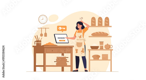 Baker struggling with password entry on tablet in kitchen, concept of online business management