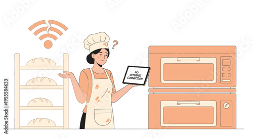 Baker frustrated by no internet connection impacting bakery operations and oven use