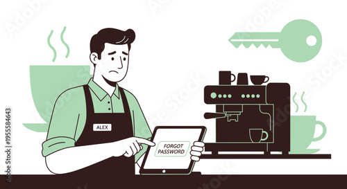 Barista struggling with forgotten password on tablet at coffee shop counter