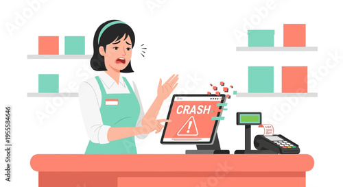 Cashier distressed by computer crash at checkout counter in store