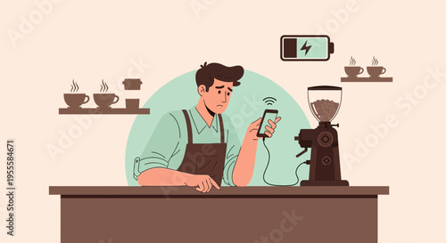 Barista using smartphone to control coffee grinder, smart cafe concept