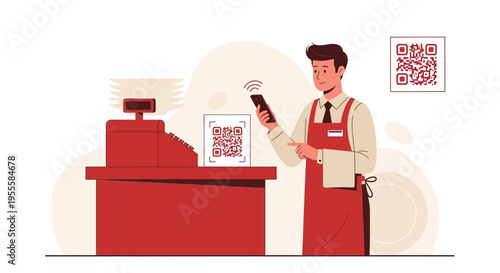 Cashier scanning QR code on smartphone at checkout counter, modern payment concept