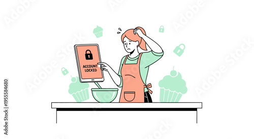 Confused Baker Sees Account Locked Message on Tablet While Baking Cupcakes