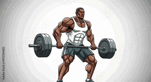 Muscular man lifting weights in white tank top and gray shorts