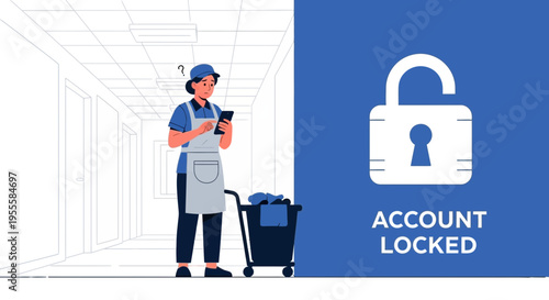 Confused Cleaner with Phone and Locked Account Icon