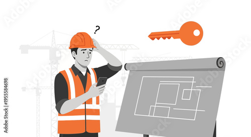 Confused construction worker with blueprint and key, questioning project success