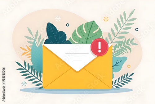 Yellow envelope with an exclamation mark alert icon surrounded by decorative tropical foliage
