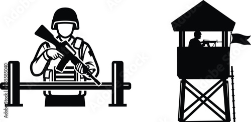 Soldier on guard duty with watchtower