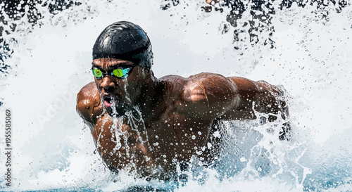 Swimmer in action swimming through water with goggles and cap
