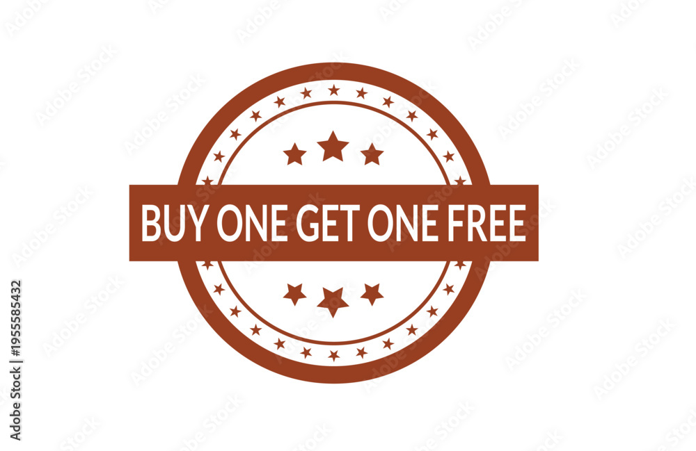 Obraz premium A circular brown stamp design with a horizontal banner featuring the text buy one get one free Vector, illustration Stamp Icon.