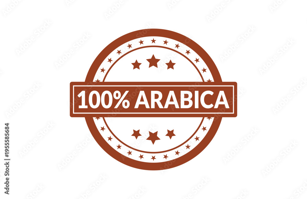 Obraz premium A circular brown stamp design with a white background featuring the text 100% arabica and stars Vector, illustration Stamp Icon.