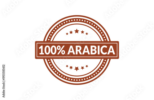 A circular brown stamp design containing the text 100% arabica with decorative star elements Vector, illustration Stamp Icon.
