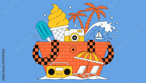 Colorful summer vacation concept featuring a beach tote with travel icons, sea waves, and holiday relaxation elements in a clean, minimal graphic style..eps