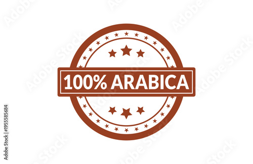 A circular brown stamp design with a white background featuring the text 100% arabica and stars Vector, illustration Stamp Icon.