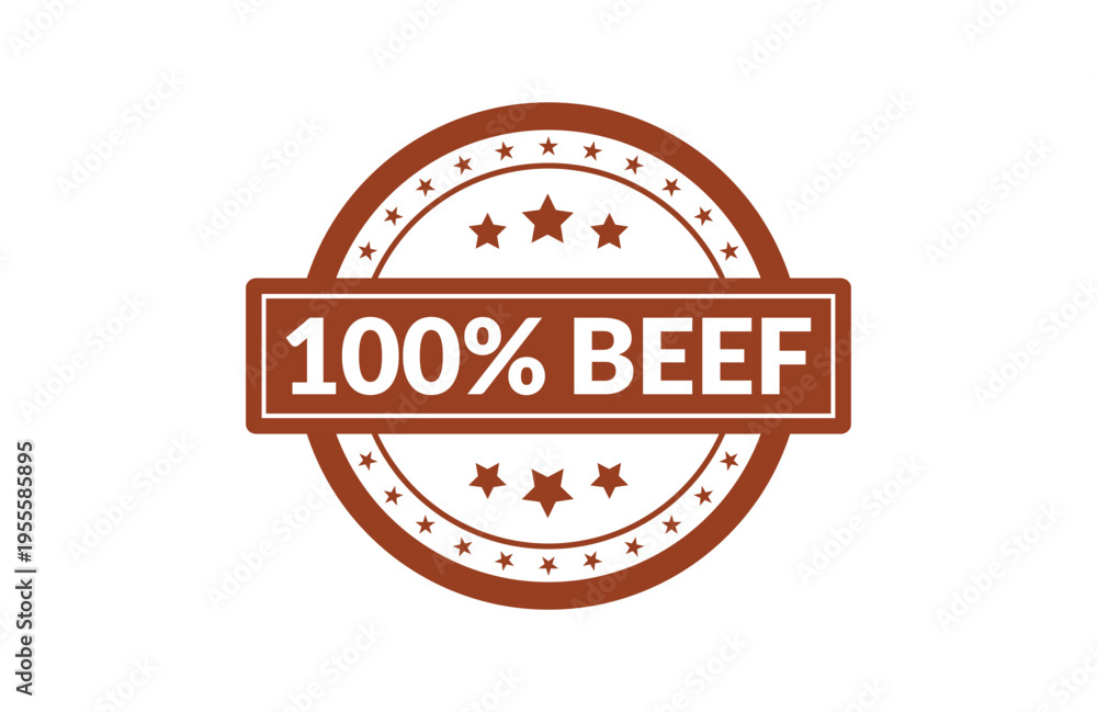 Obraz premium A brown circular badge design with stars and the text 100% beef centered in a horizontal banner Vector, illustration Stamp Icon.