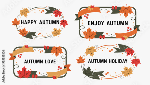 Set of four circular and rectangular autumn themed vintage emblems.eps