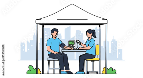 Healthcare screening: Doctor checks patient's blood pressure at outdoor clinic tent