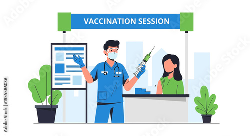 Healthcare worker administers vaccine to patient at vaccination session booth