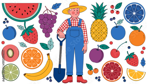 Organic Gardening and Harvest Concept Icon Set featuring a Cute Gardener Character and Colorful Summer Fruit Medley for Healthy Lifestyle Design.eps