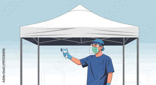 Healthcare worker in face shield and mask checks temperature with infrared thermometer under a tent