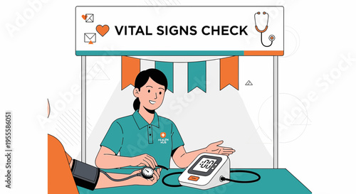 Healthcare worker checks patient's vital signs at a health screening booth