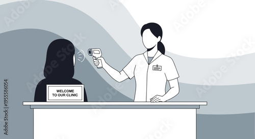 Healthcare worker checks patient's temperature with infrared thermometer at clinic reception