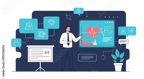 Doctor presenting health data on screen with heart rate monitor and patient icons