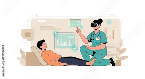 Doctor using VR headset for patient diagnosis and treatment in futuristic medical technology