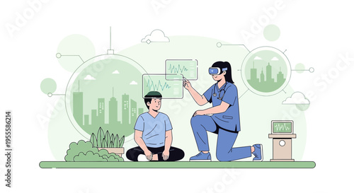 Doctor using VR headset with child, virtual reality medical treatment, futuristic healthcare