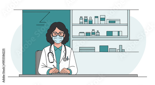 Doctor wearing mask and glasses writing at desk in clinic, shelves with medicine behind