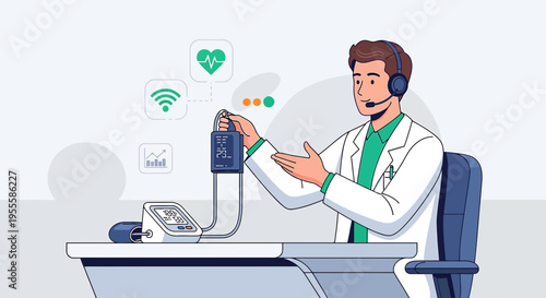 Doctor with headset and blood pressure monitor, telemedicine, remote healthcare, online consultation