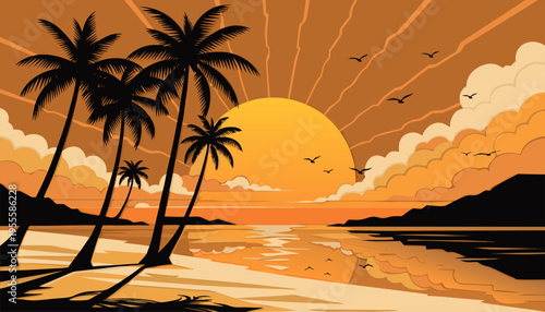 Tropical Beach Sunset Vector Illustration with Palm Tree Silhouettes and Golden Ocean Horizon.eps