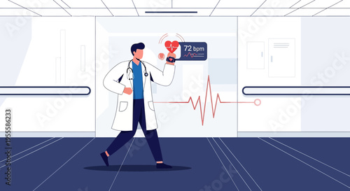 Doctor with heart monitor, cardiology, medical technology, healthcare, vital signs, ECG, hospital corridor