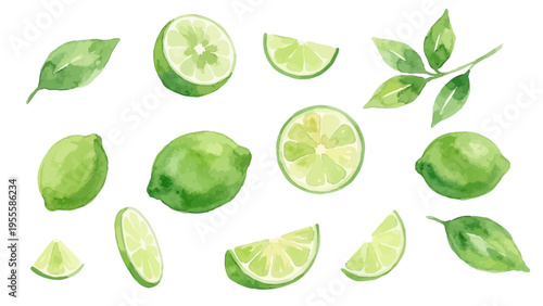 Watercolor-style fresh lime fruit illustration, ripe green citrus with slice and juice ／水彩　ライム