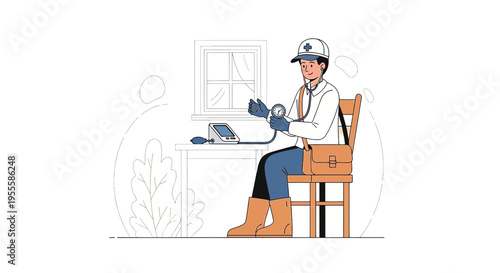 Doctor with stethoscope and medical bag, sitting at desk with blood pressure monitor