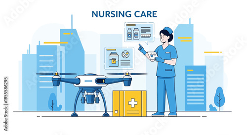 Drone delivery of medical supplies to a nurse in a modern city, nursing care concept
