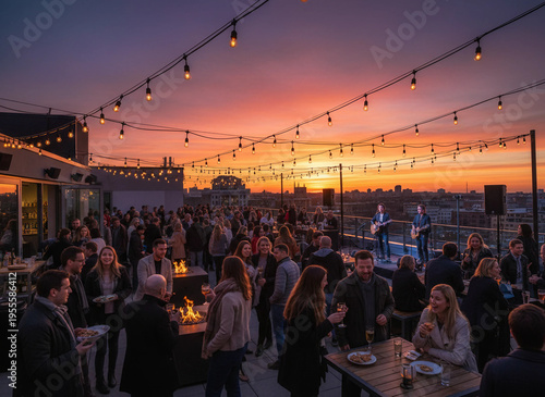 A group of people enjoy a social evening at an outdoor venue with festive lights as the sun sets.