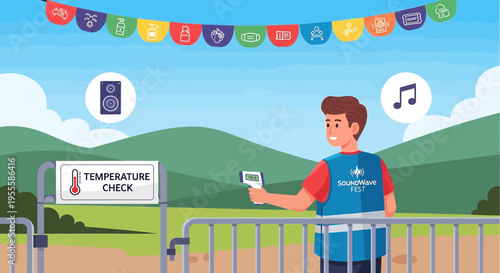 Event security checks temperature at entrance with thermometer gun, music icons