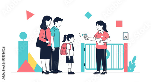 Family at school entrance getting temperature check for COVID-19 safety