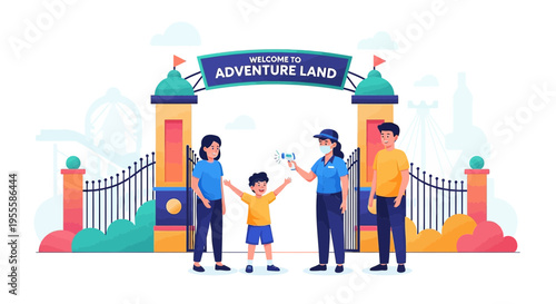 Family entering adventure land theme park, temperature check at entrance, safety measures