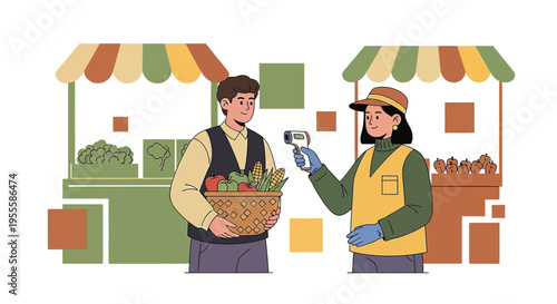 Farmer checks customer's temperature with thermometer at outdoor market stall, COVID-19 safety