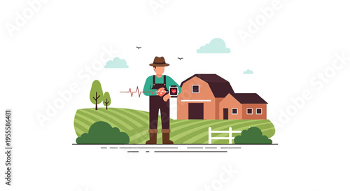 Farmer Using Smart Technology in Rural Farm Landscape with Barn