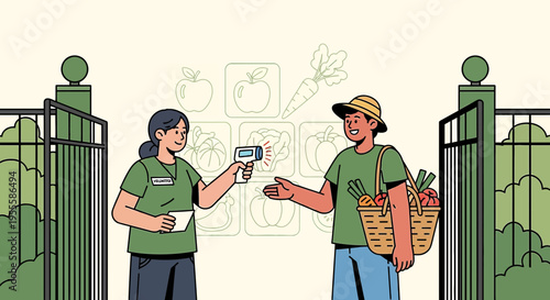 Farmer with fresh produce gets temperature check at market entrance