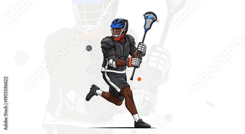 Lacrosse player in action running with stick and ball