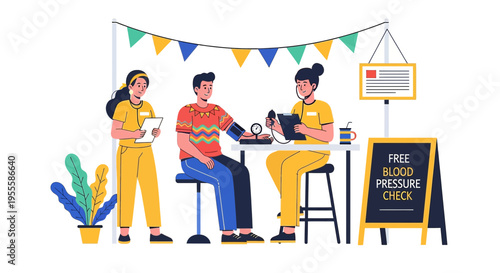 Free Blood Pressure Check Event: Healthcare volunteers measure patient's blood pressure at outdoor clinic.