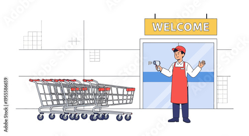 Friendly greeter welcomes shoppers with shopping carts at supermarket entrance